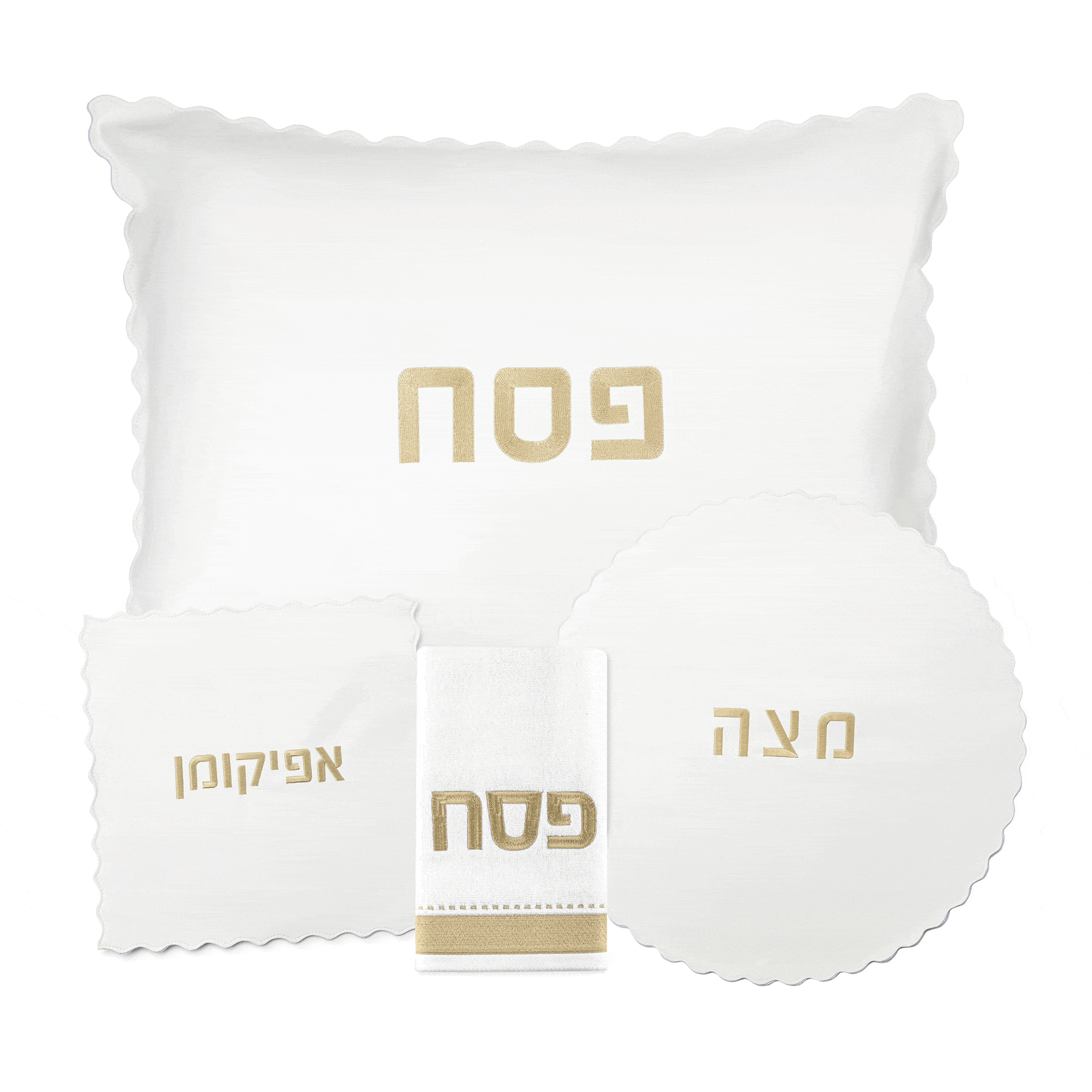 White leather Scalloped Edge Pesach Set by Waterdale Collection, featuring matching plate, bowl, and napkin with gold Hebrew text