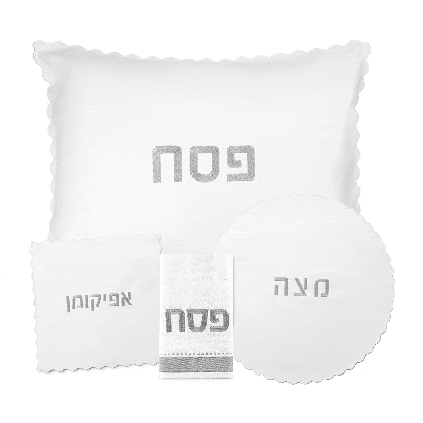 White leather Scalloped Edge Pesach Set by Waterdale Collection, featuring matching plate, cup, and napkin with elegant curved edges.