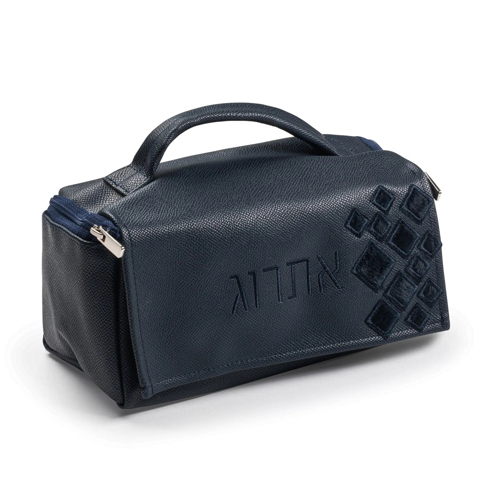 Scattered Fur Esrog Bag in gray leather with carrying handle, designed for Sukkot holiday storage and transport.