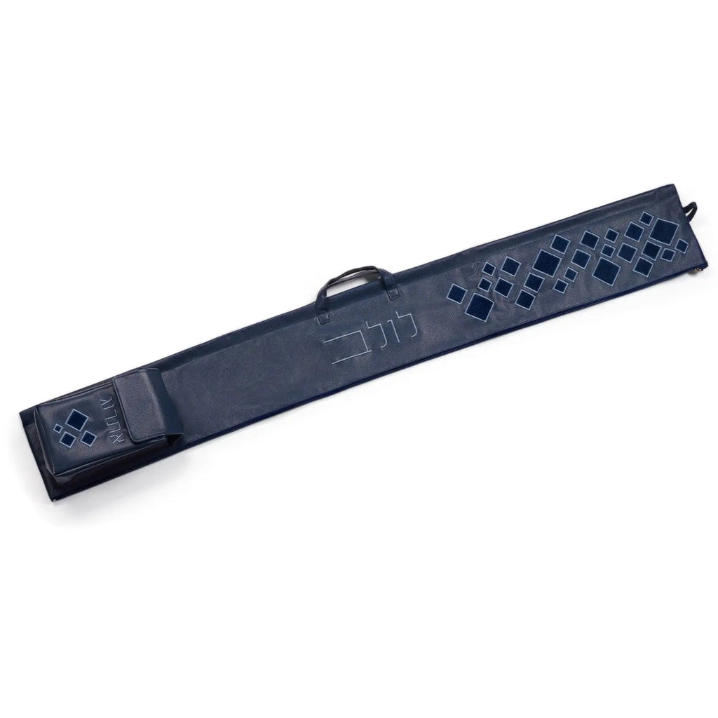 Navy blue leather lulav and esrog case with scattered fur pattern detail and adjustable shoulder strap for Sukkot holiday.