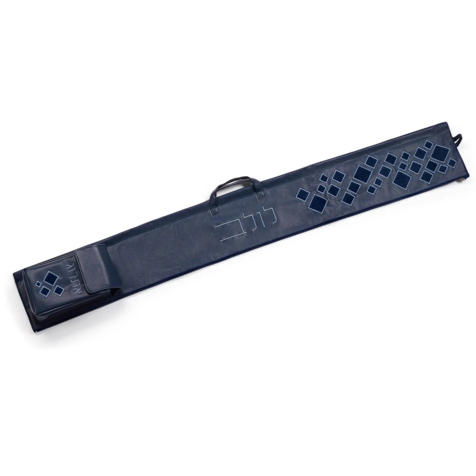 Navy blue leather lulav and esrog case with scattered fur pattern detail and adjustable shoulder strap for Sukkot holiday.