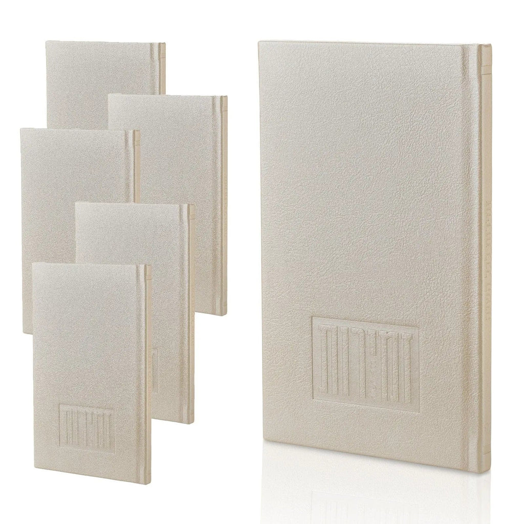 Waterdale Collection Shabbos bencher set of 6 with cream covers and gold spine details, displayed in a group arrangement.