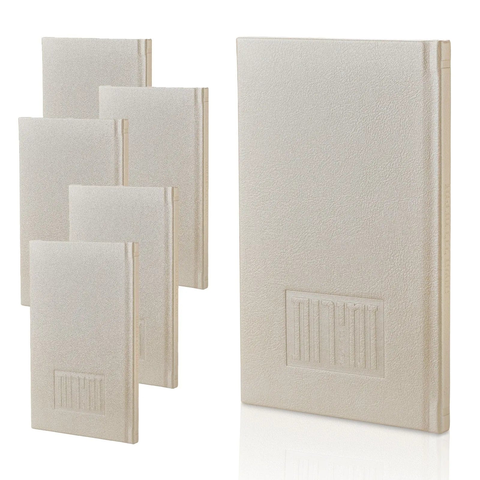 Waterdale Collection Shabbos bencher set of 6 with cream covers and gold spine details, displayed in a group arrangement.