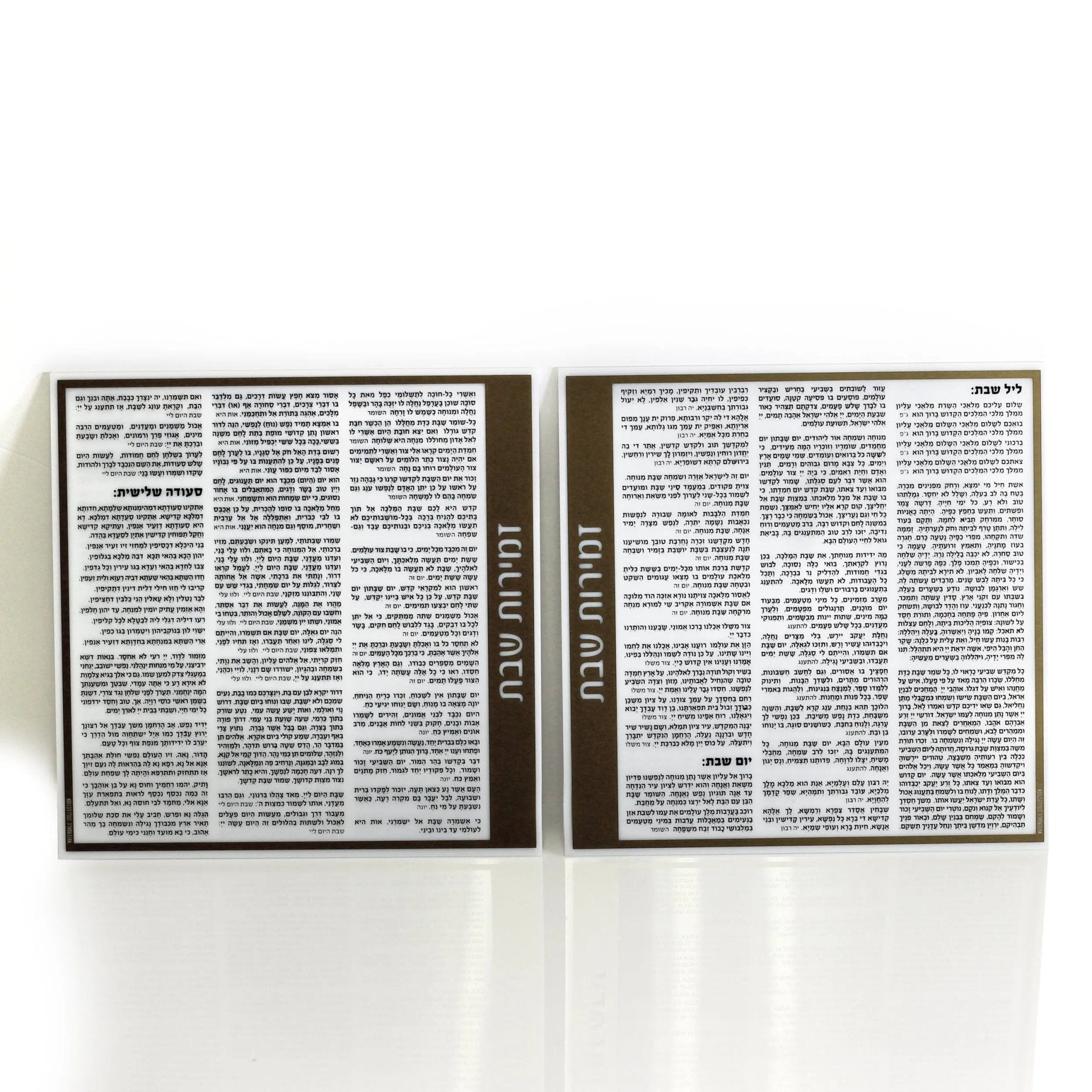 Waterdale Side Bencher Card in clear lucite with gold and silver text columns showing Birchat Hamazon blessings.