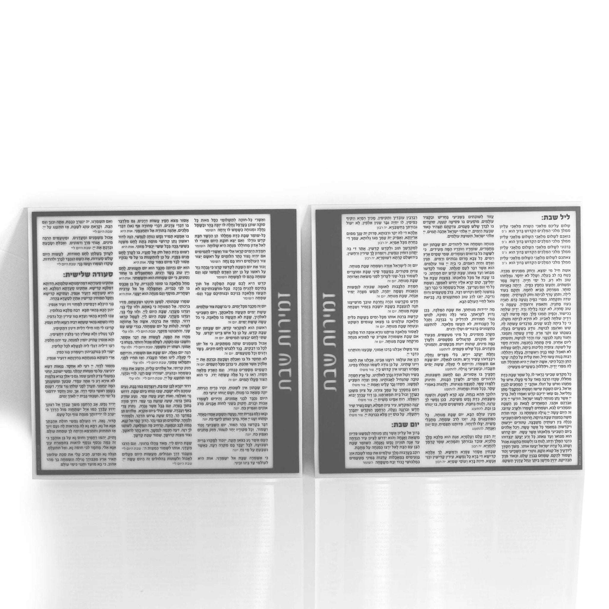 Waterdale Collection Side Bencher Card in clear lucite with gold and silver text, displaying Birchat Hamazon prayers in two columns.
