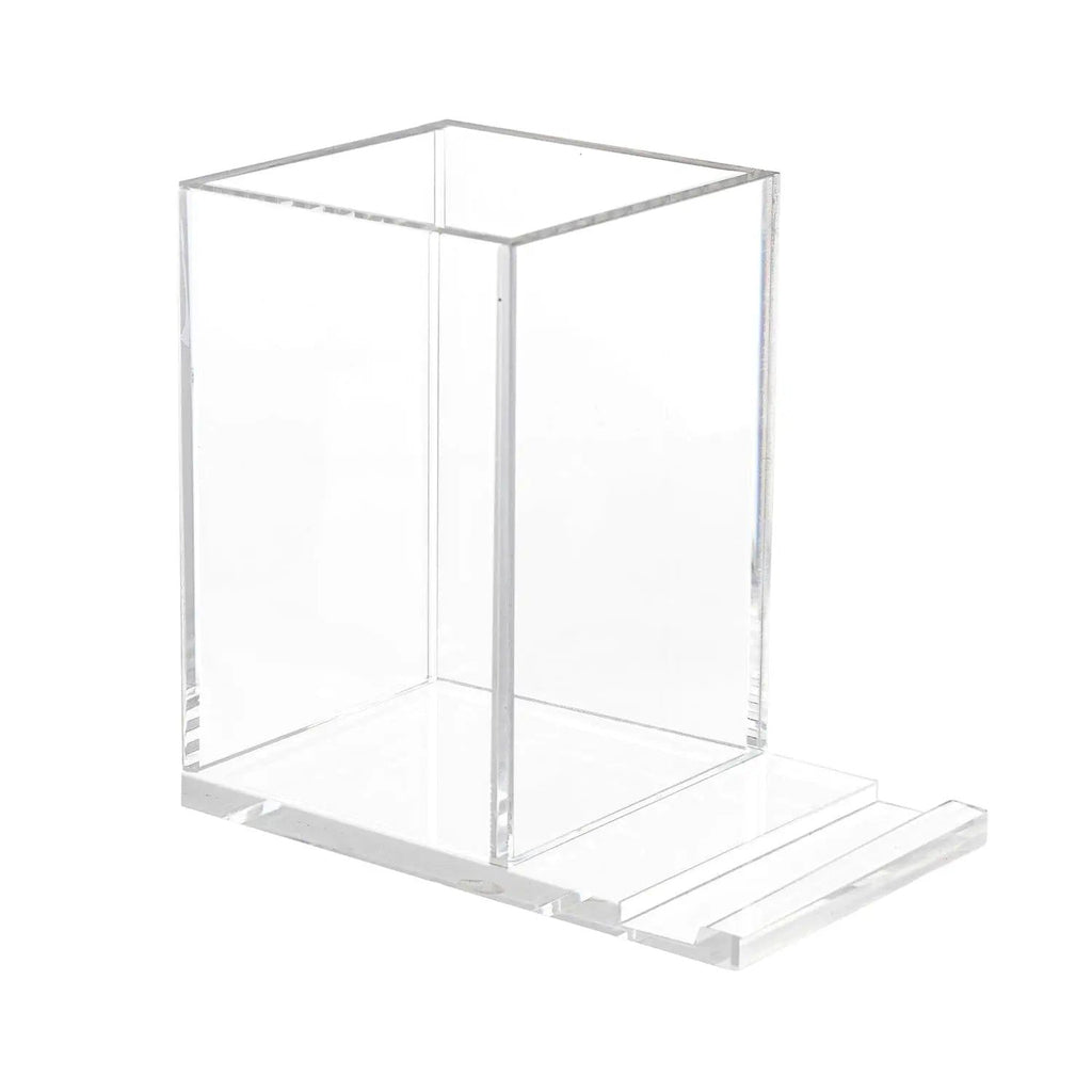 Clear acrylic single pen and phone holder with minimalist design, displaying upright storage on a tabletop surface.