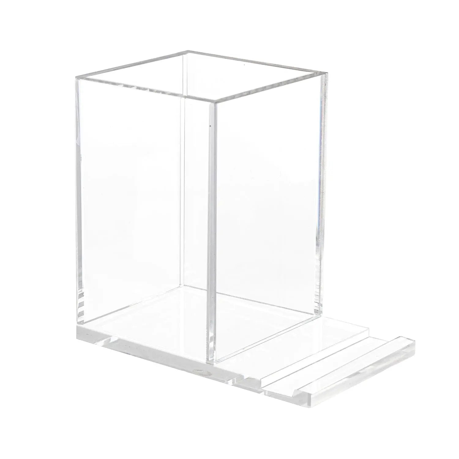 Clear acrylic single Shabbos candle holder by Waterdale Collection, rectangular design with open top for candle-lighting on white base.