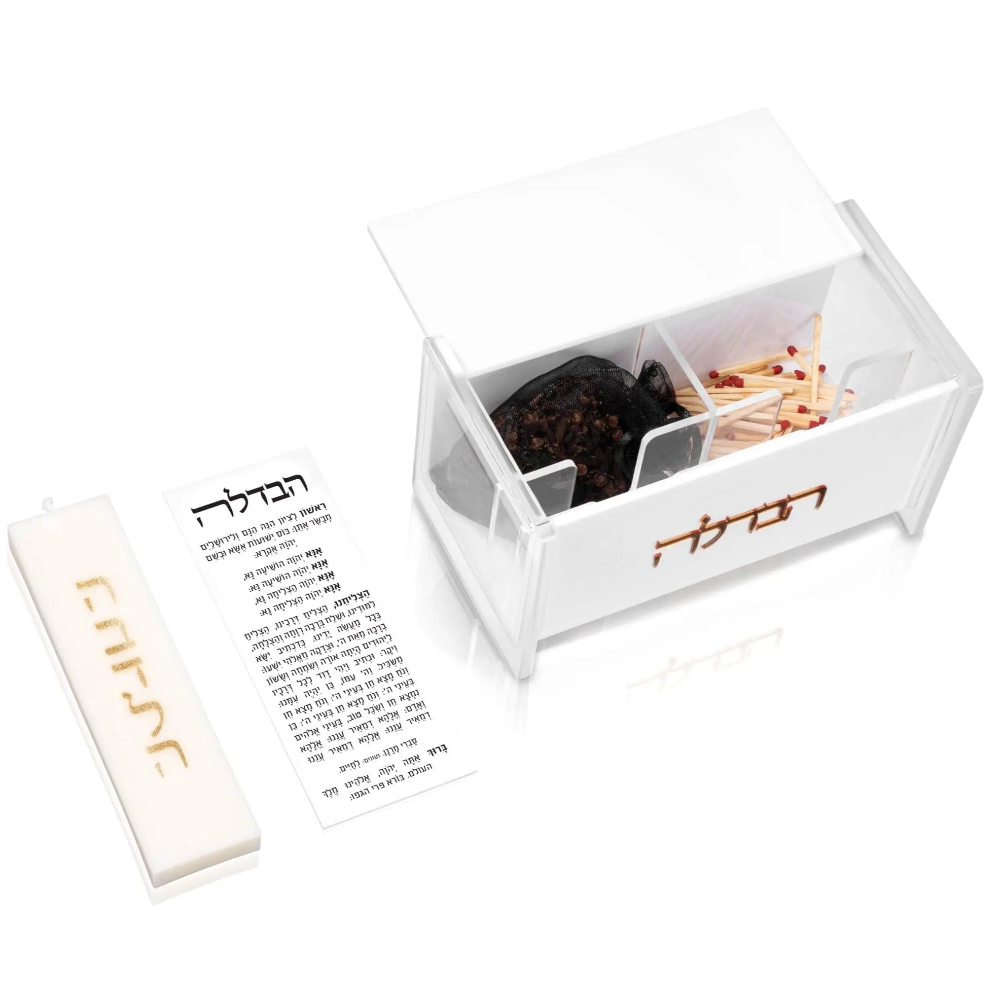 Small clear lucite Havdalah card by Waterdale Collection displaying Hebrew text and traditional spice holder contents in packaging.