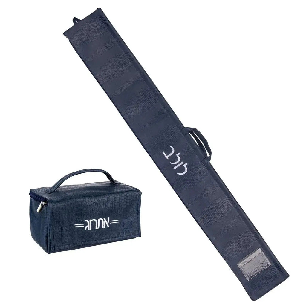 Dark gray leather esrog bag with carrying handle and shoulder strap, shown closed and open with storage compartment visible.
