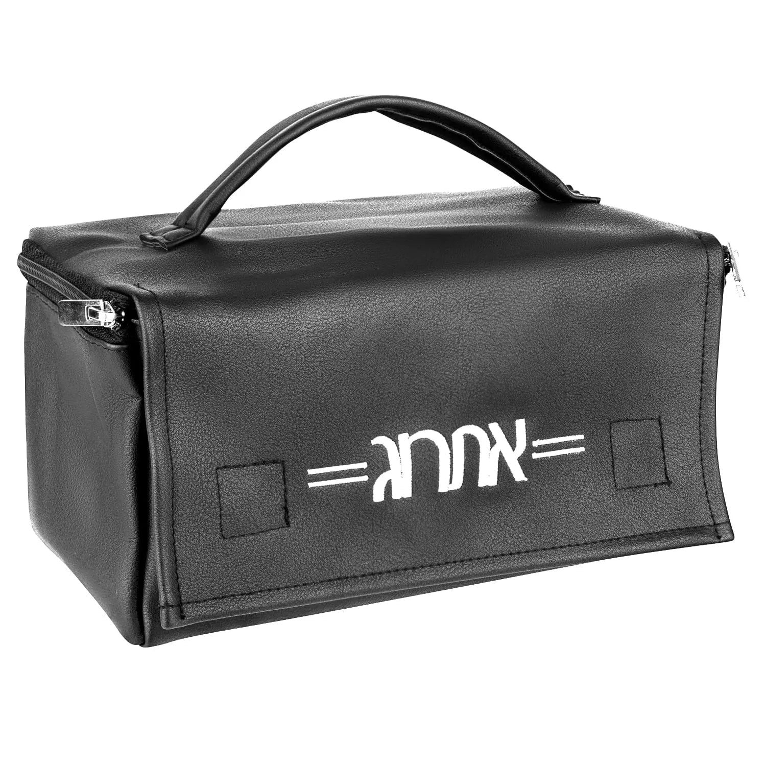 Black leather esrog bag with top handle and front logo detail, designed for Sukkot holiday storage and travel.