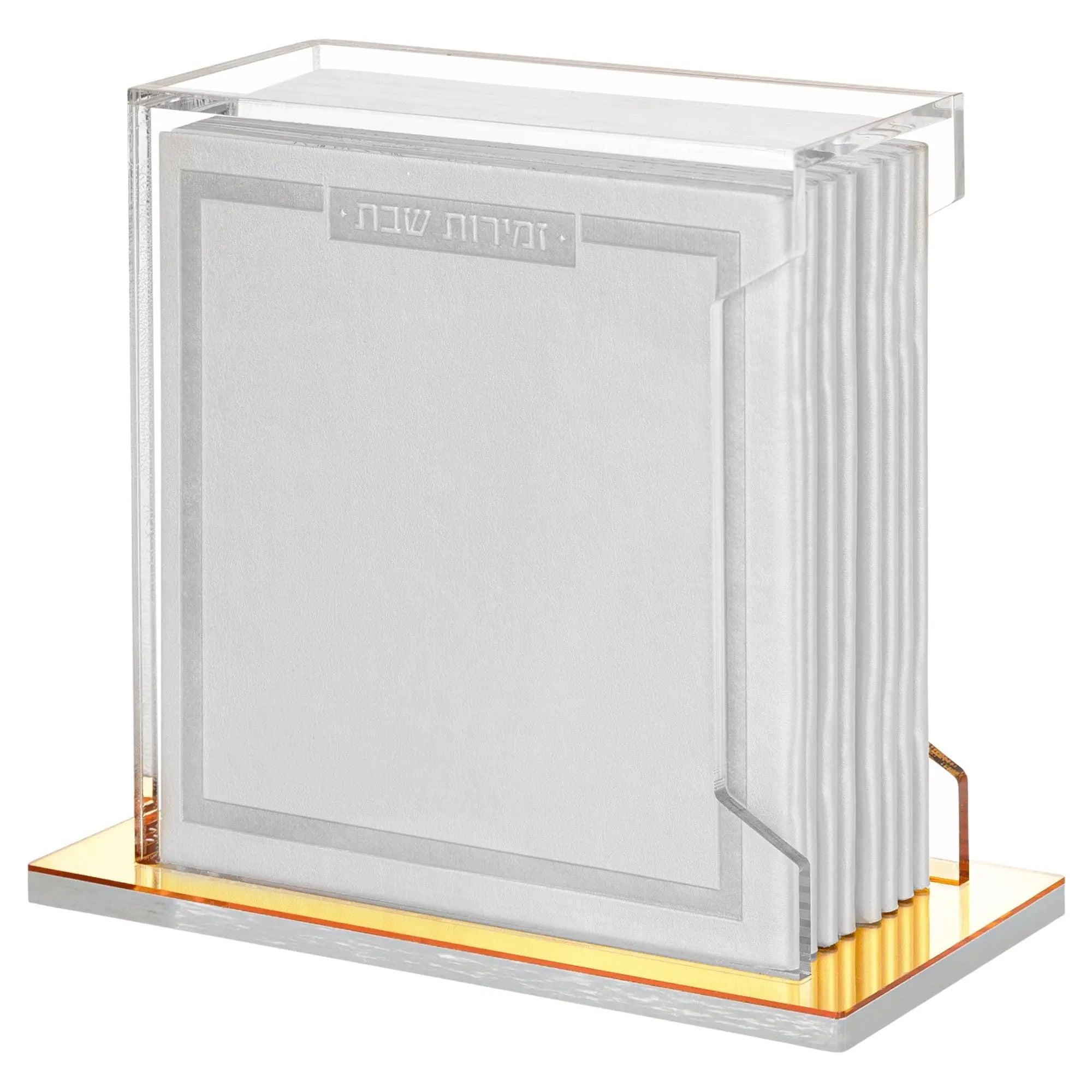 Softcover leather bencher set with cream and gold accents, displayed in clear lucite packaging with protective base.