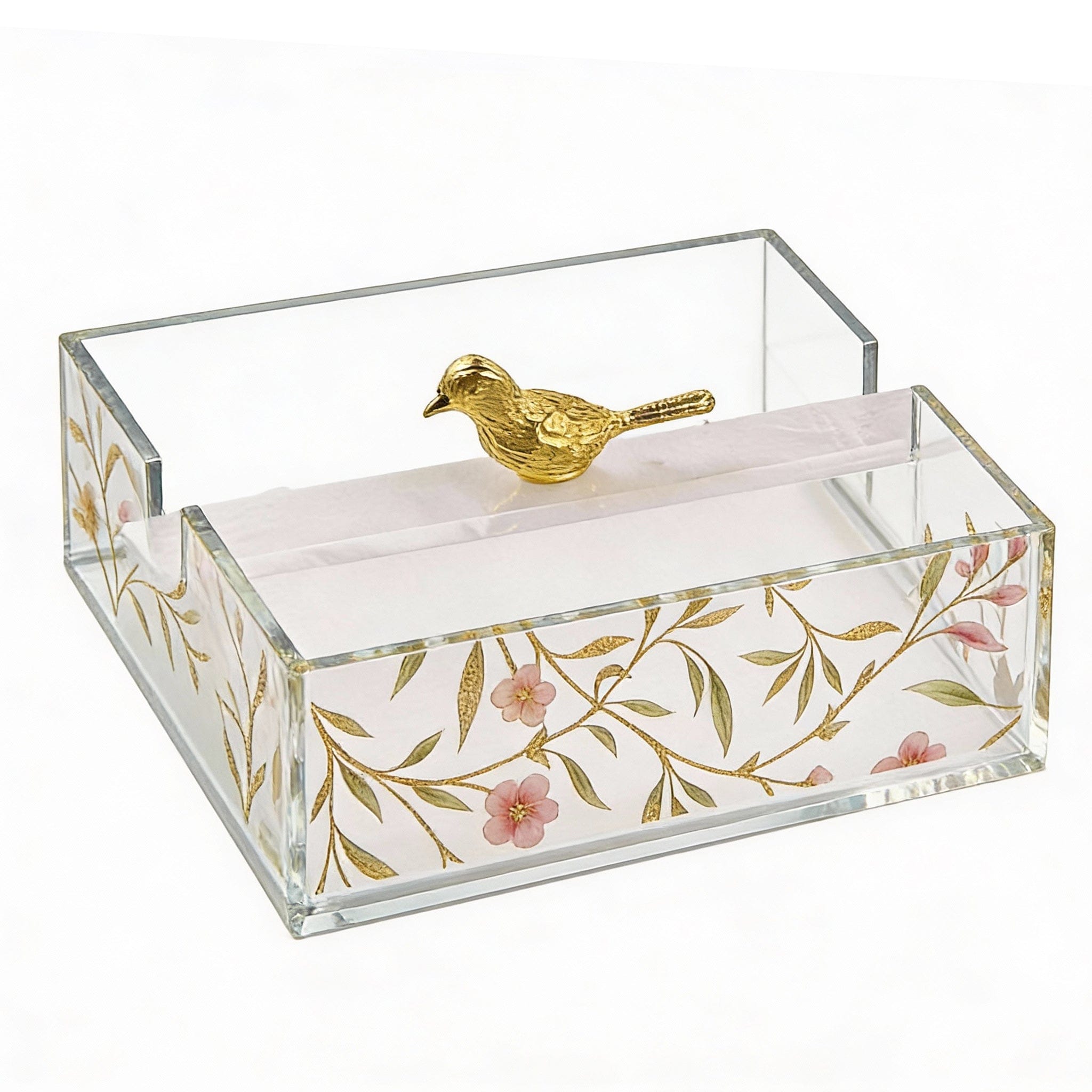 Square floral napkin holder with clear acrylic sides, gold botanical pattern, and decorative gold bird accent