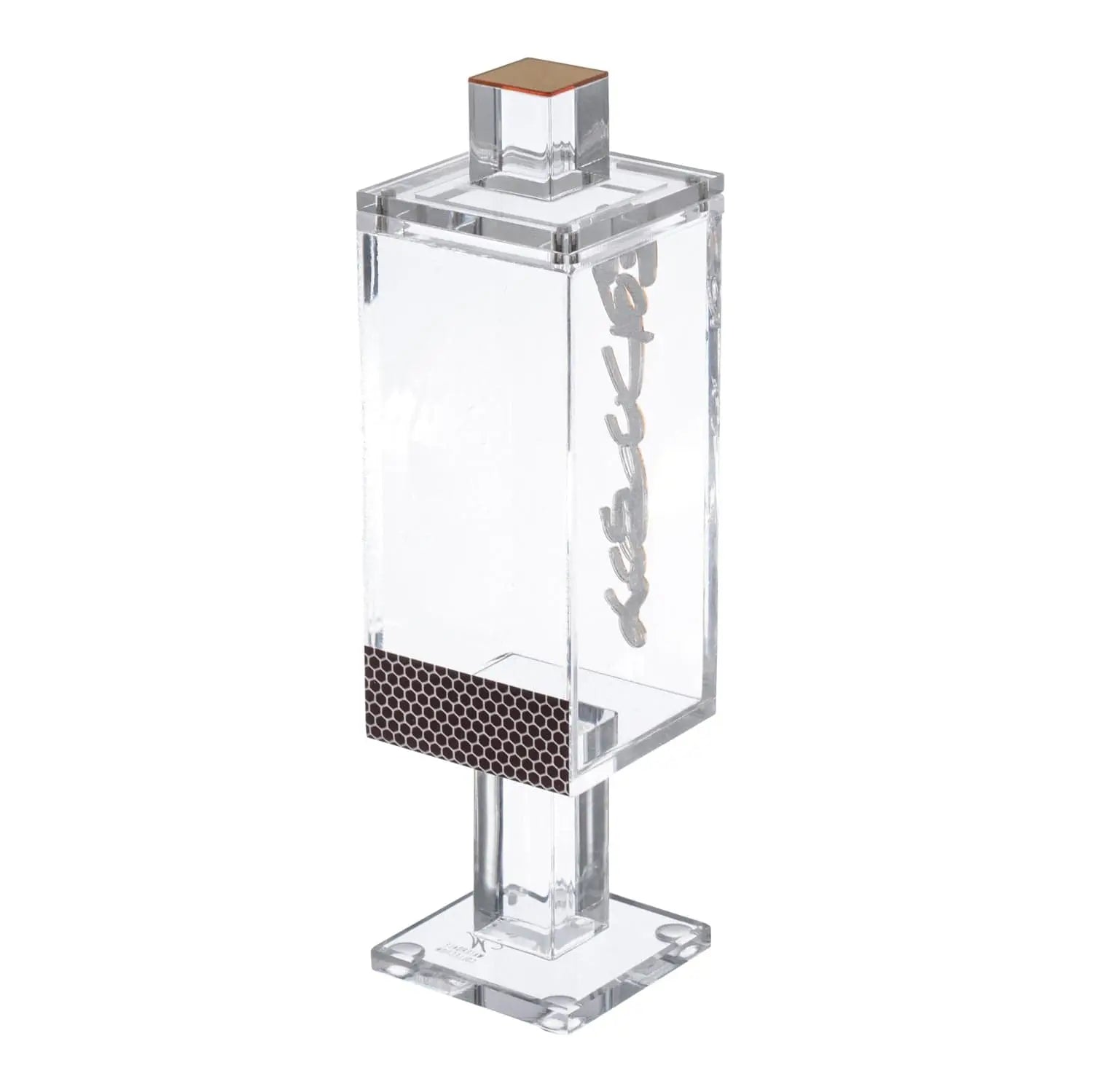 Square match holder by Waterdale Collection with clear glass body and dark base, displayed on stand for Shabbat and Havdalah candle lighting.
