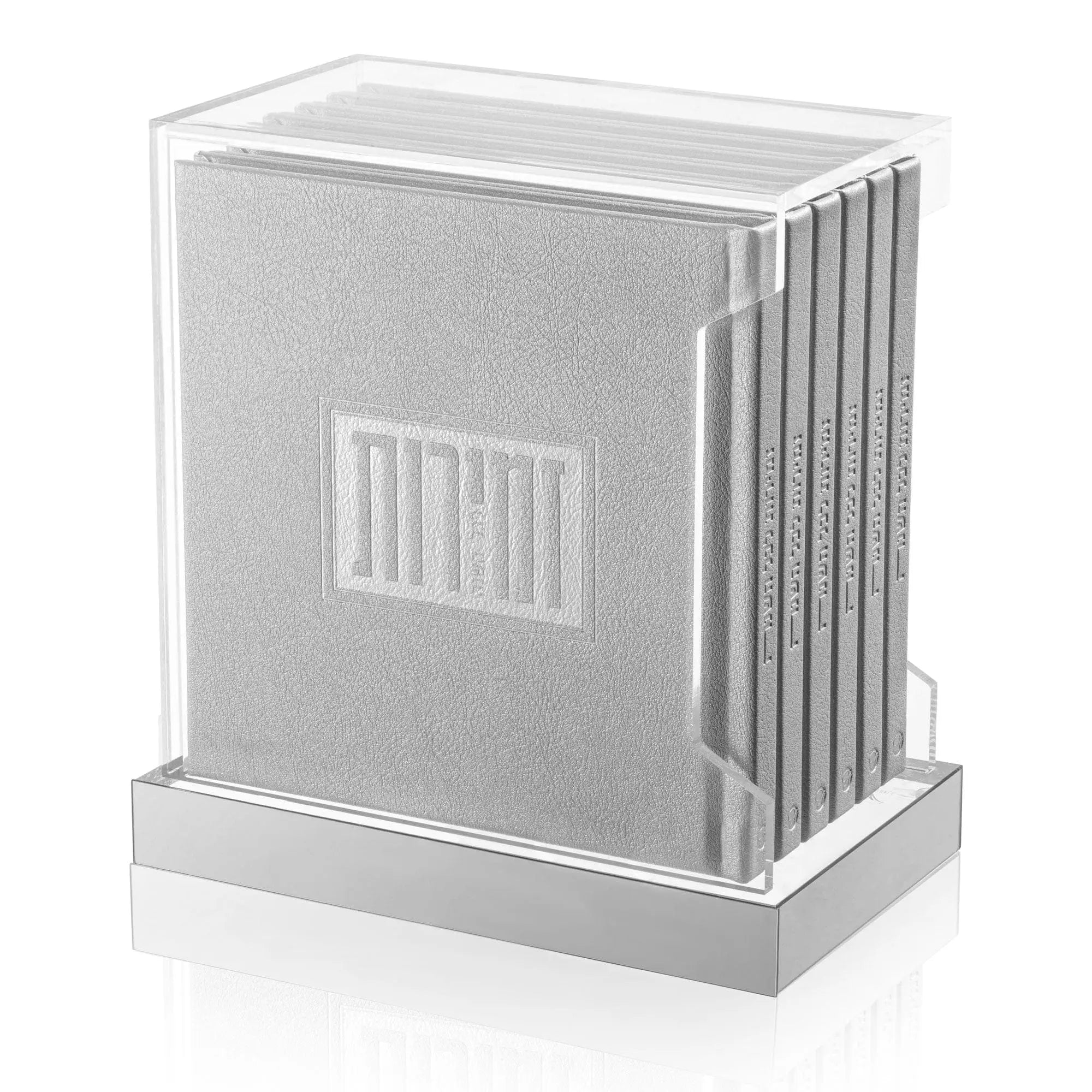 Square silver Shabbos bencher set with holder, elegant tabletop judaica for Shabbat and holiday blessings.