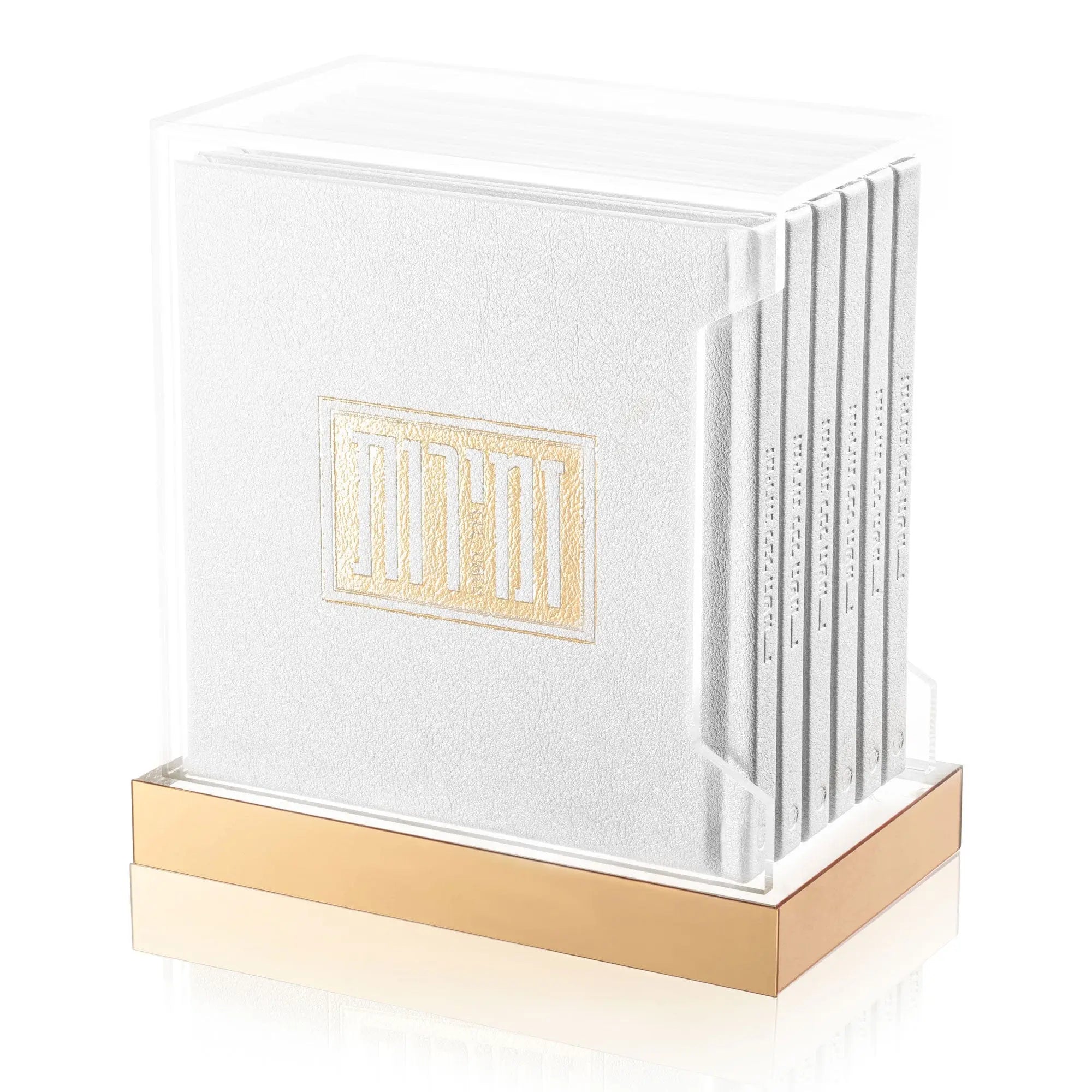 White and gold Shabbos Zemiros Bencher Set with wooden base, featuring multiple cream prayer books with gold lettering displayed on stand.