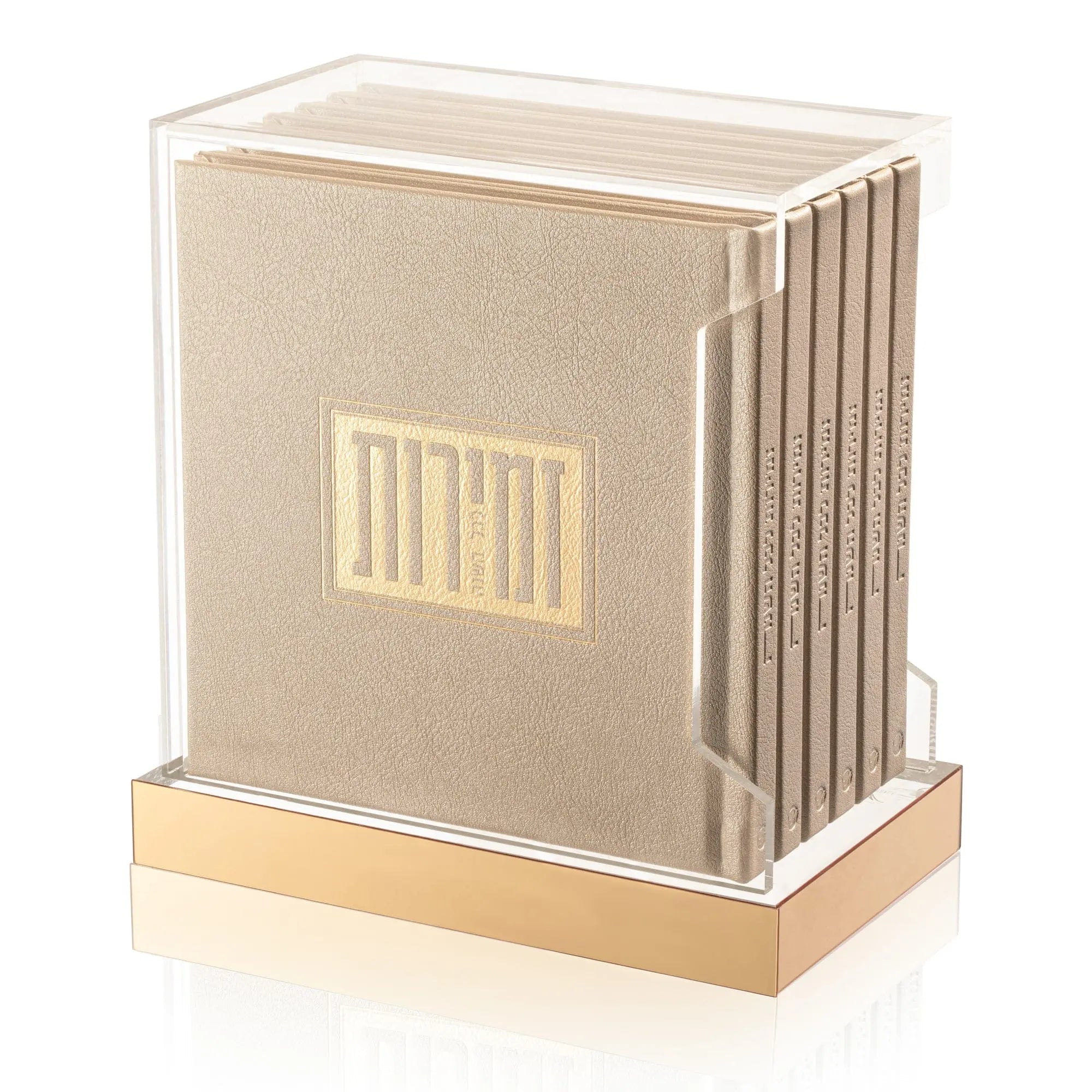 Square cream and gold Shabbos Zemiros Bencher Set by Waterdale Collection in acrylic holder with vertical ribbed design detail.
