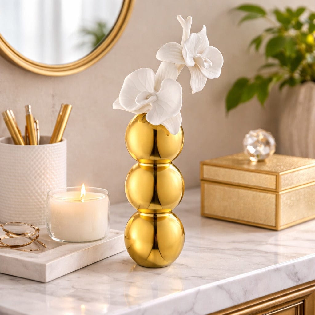 Gold vase Diffuser with white flowers on a marble surface with decorative items - Waterdale Collection
