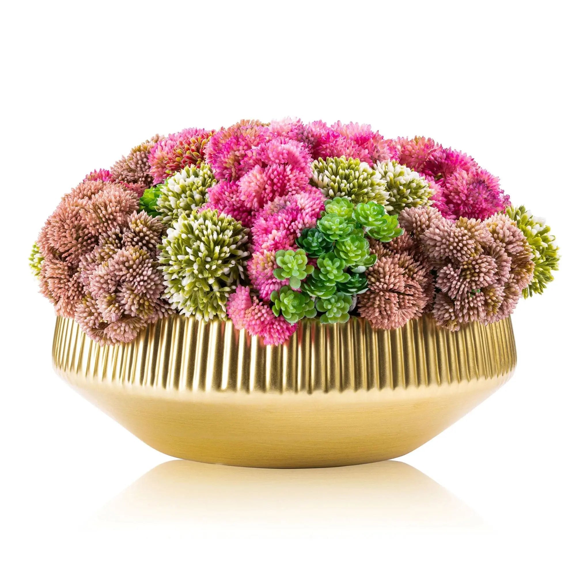 Succulent pink flower pot with faux mixed florals in gold ceramic bowl planter, tabletop décor arrangement by Waterdale Collection.