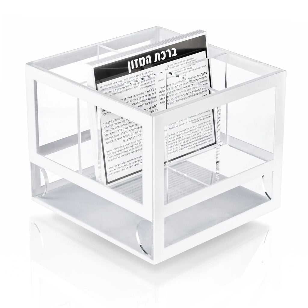 Clear acrylic Sukkos card holder for silverware caddy by Waterdale Collection, displaying holiday tabletop organization.