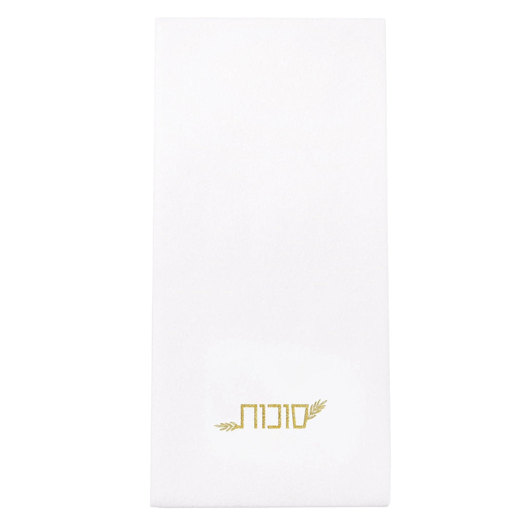 White Sukkos guest towelettes with gold embroidered design, perfect for holiday tabletop and everyday use.