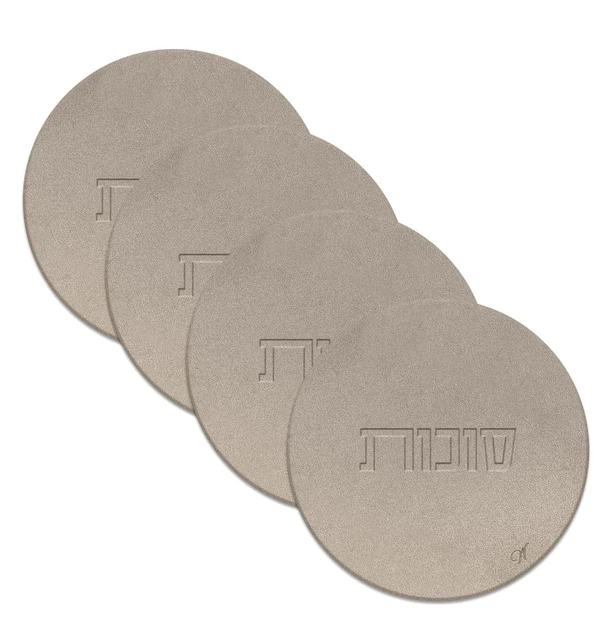 Four round tan leather Sukkos cup covers with embossed Hebrew text, displayed in an overlapping arrangement on white background.