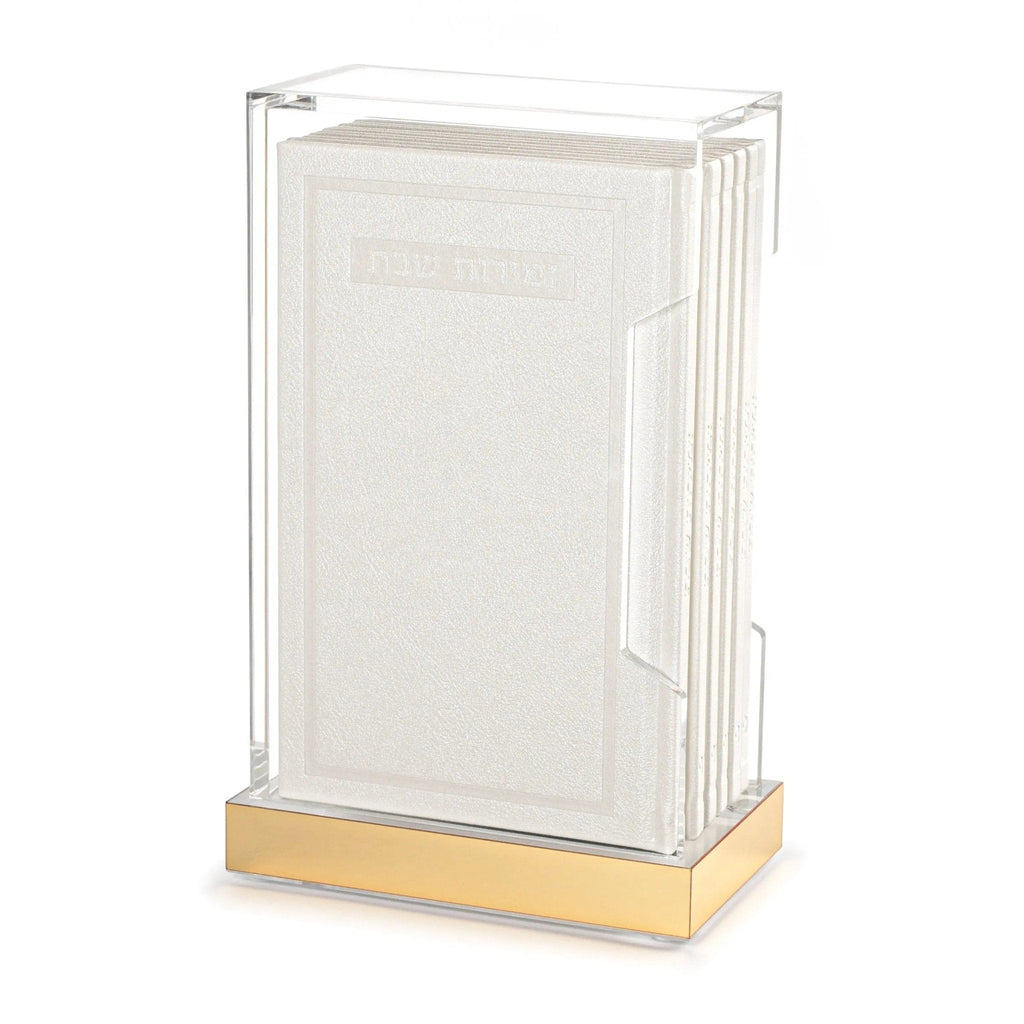 Tall hardcover bencher set with cream leather binding and clear lucite display case on natural wood base.