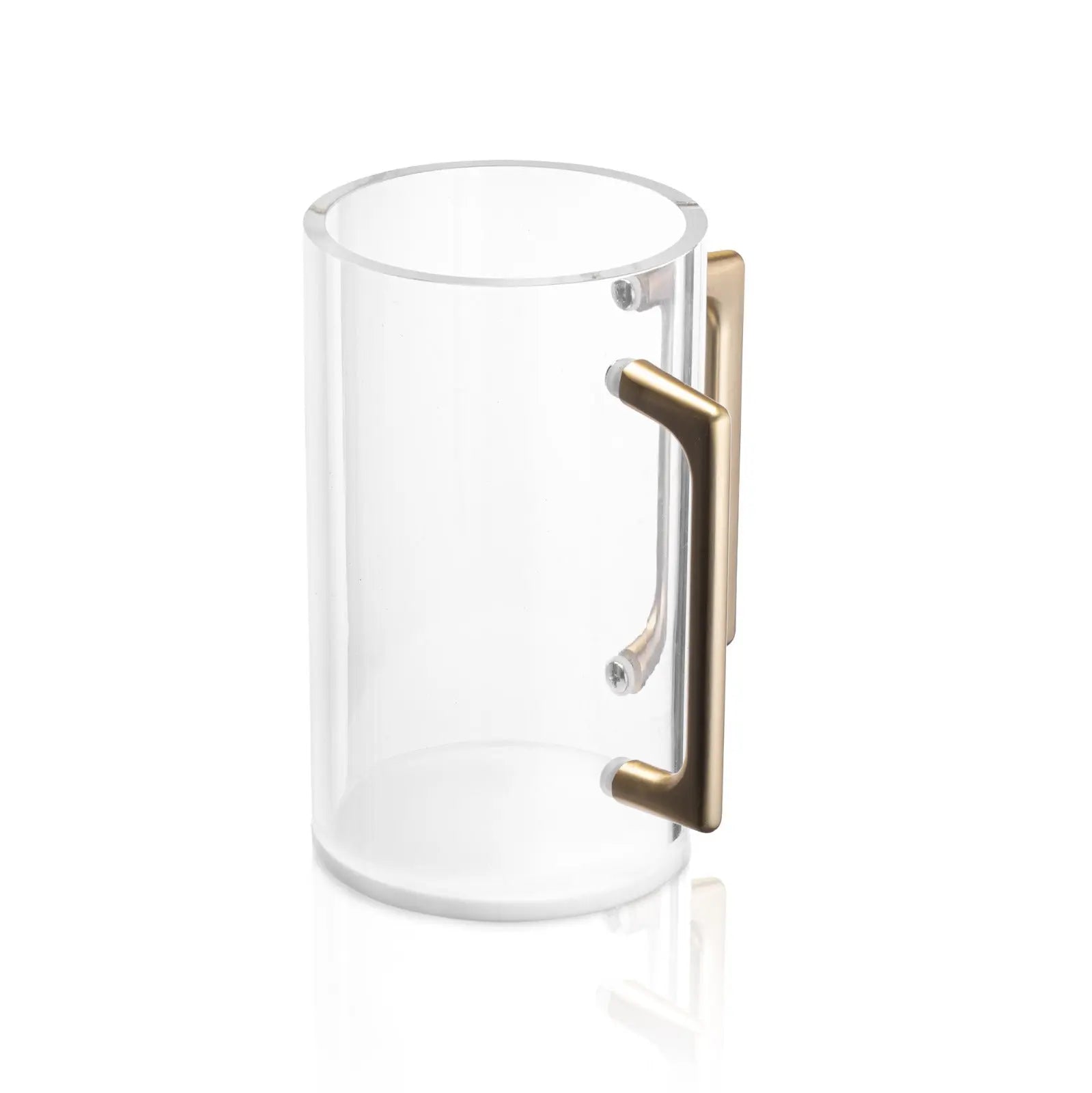 Tall clear glass washing cup with brushed metal handle by Waterdale Collection, displayed against white background.