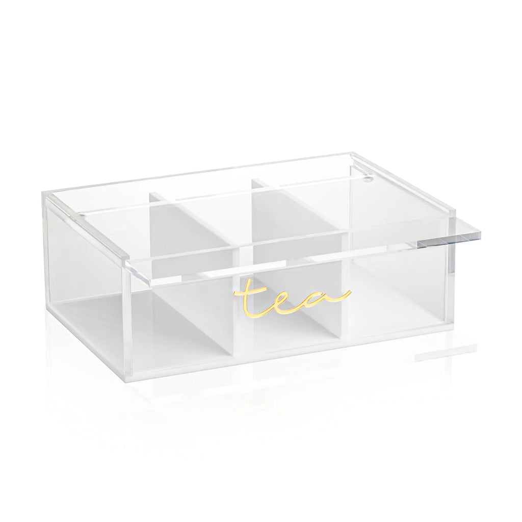Clear acrylic tea caddy with four divided compartments, ideal for organizing loose leaf tea or tabletop storage.