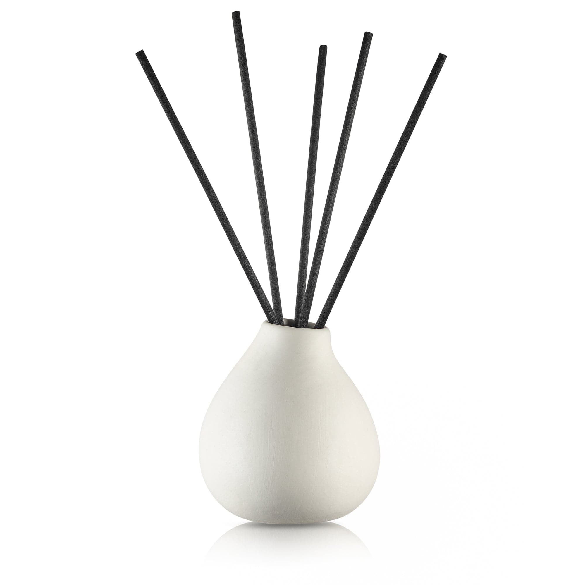 Minimalist clear glass teardrop aromatherapy vessel by Waterdale Collection, stylish reed diffuser for sophisticated Shabbat table settings and office decor.