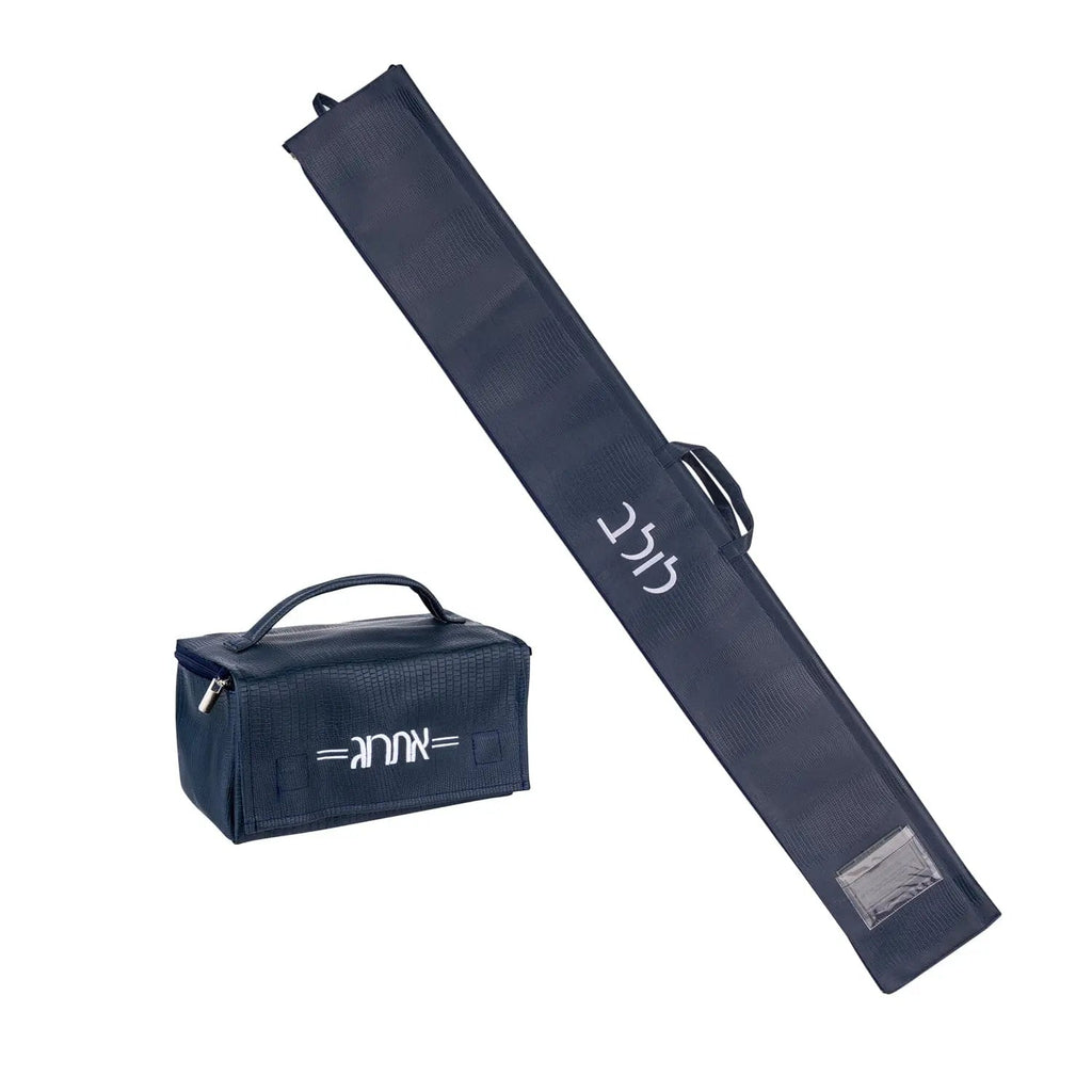 Navy textured leather esrog bag with carrying handle and matching storage case, ideal for Sukkot holiday observance.
