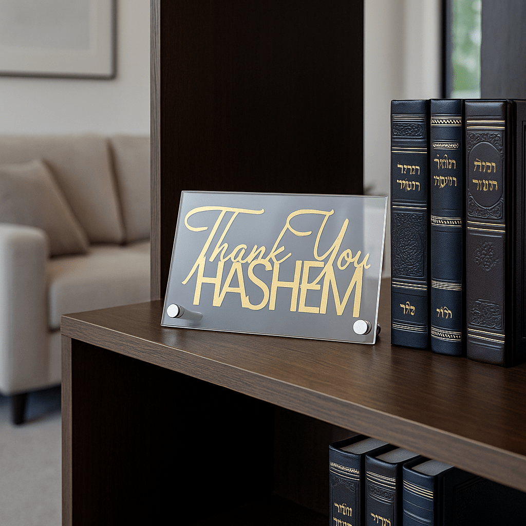 Thank You Hashem Basic Tabletop on a book shelf. 