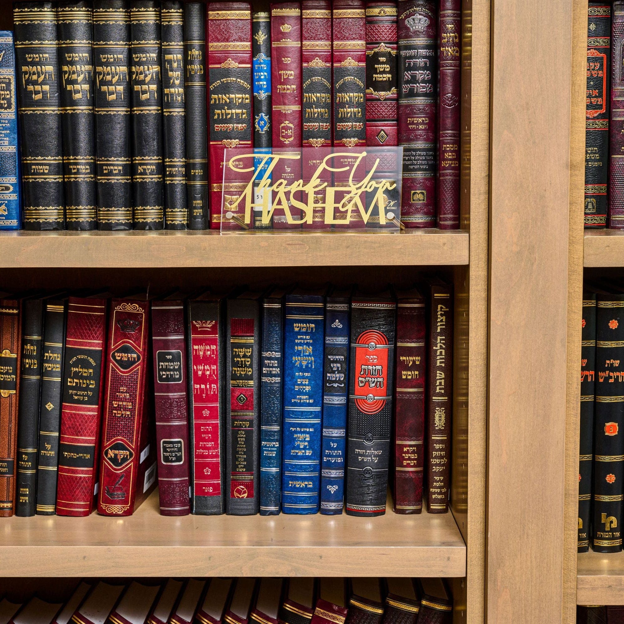 Thank You Hashem Basic Tabletop on a wooden book shelf.