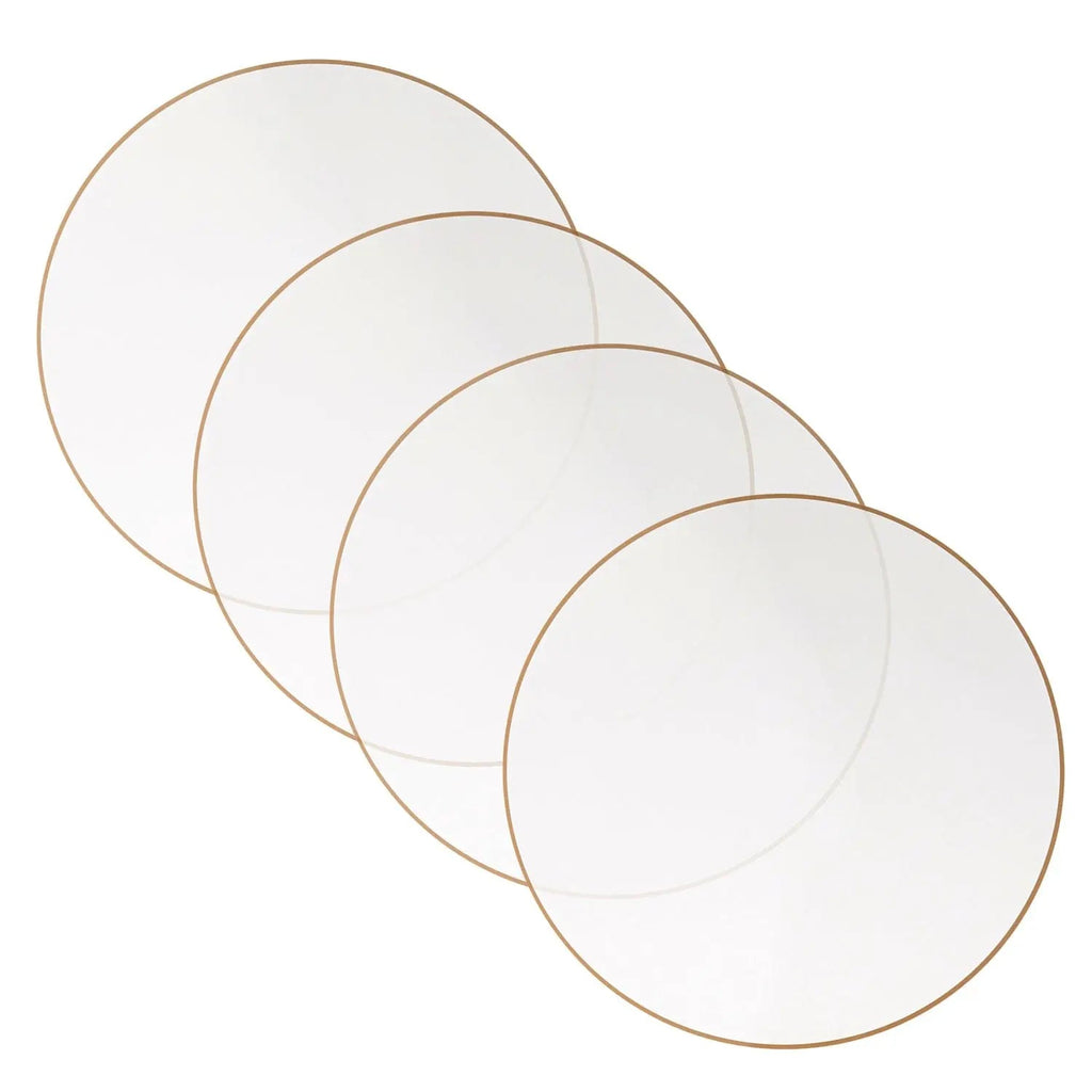 Four overlapping Thin Border Chargers with delicate gold rims, displayed in a diagonal arrangement showcasing the elegant tabletop design.