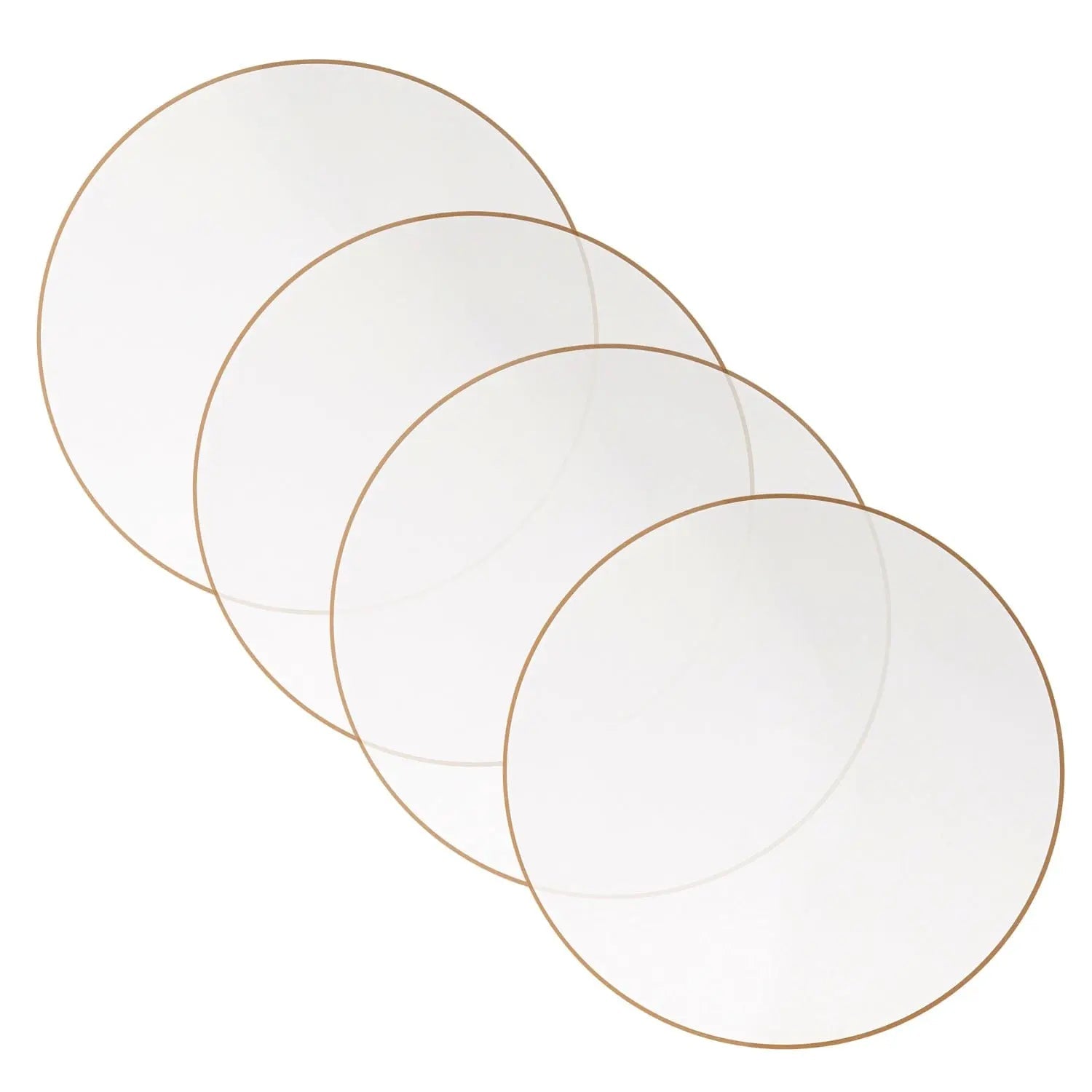 Four overlapping Thin Border Chargers with delicate gold rims, displayed in a diagonal arrangement showcasing the elegant tabletop design.