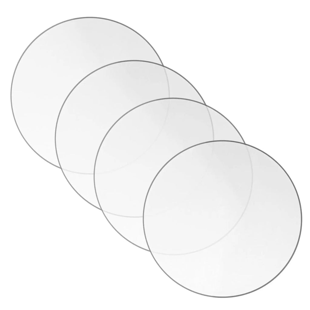 Four clear glass charger plates with thin metallic borders arranged in an overlapping display, showing the elegant Thin Border Chargers design from Waterdale Collection.