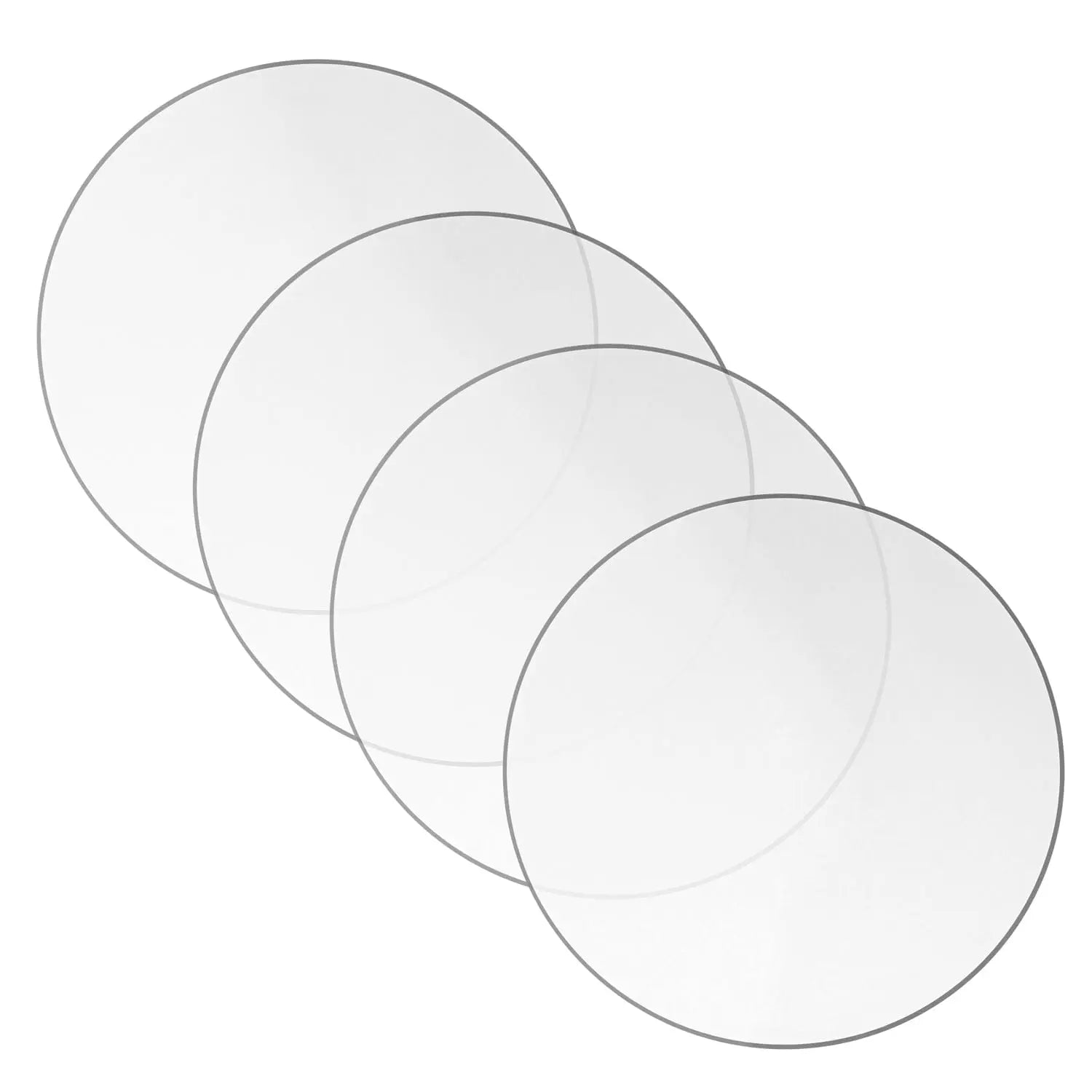 Four clear glass charger plates with thin metallic borders arranged in an overlapping display, showing the elegant Thin Border Chargers design from Waterdale Collection.