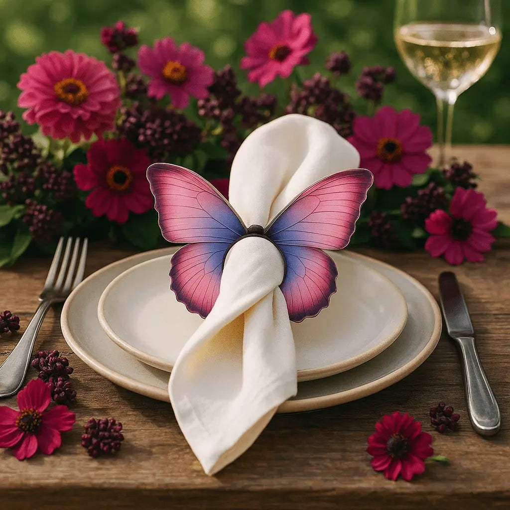 Tie-dye butterfly napkin ring with pink and blue wings holding a white napkin on stacked plates, surrounded by pink flowers and place settings.