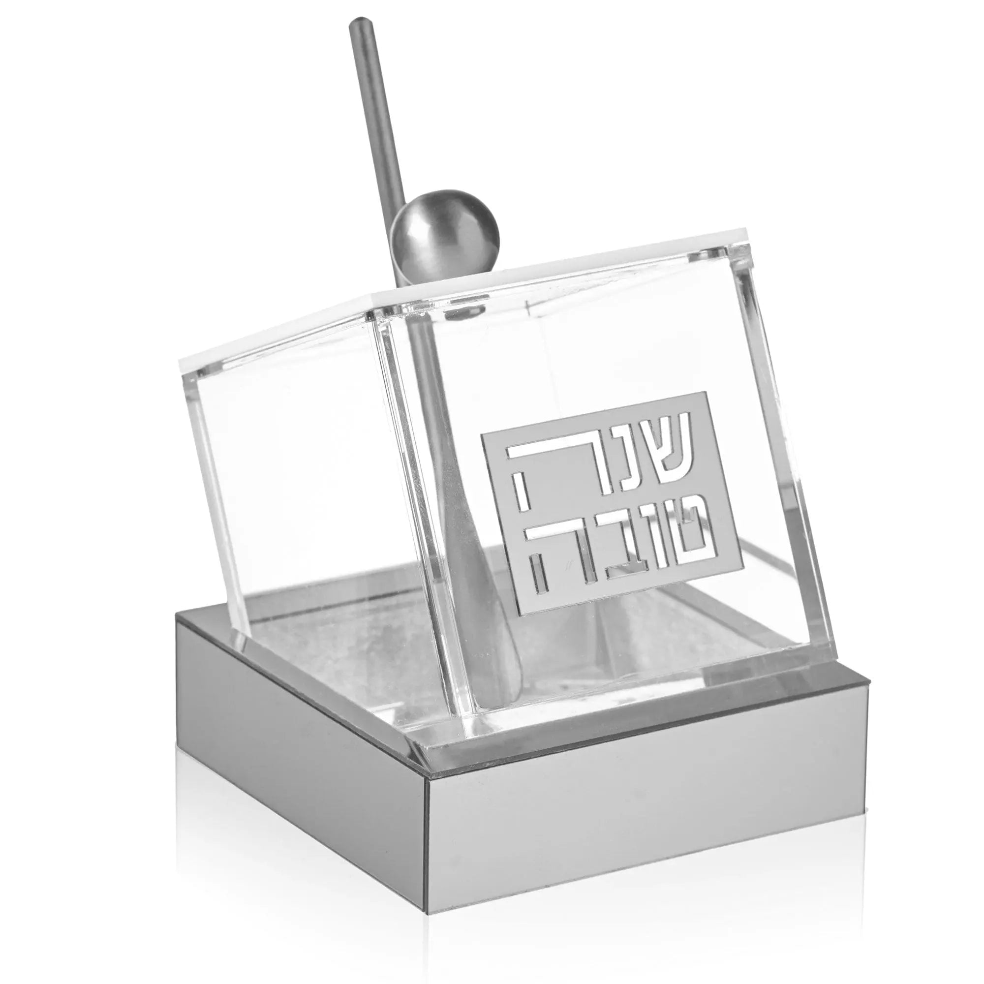 Waterdale Collection Tilt Honey Dish with tilted glass panel and silver-toned metal server on rectangular base, ideal for holiday table settings.