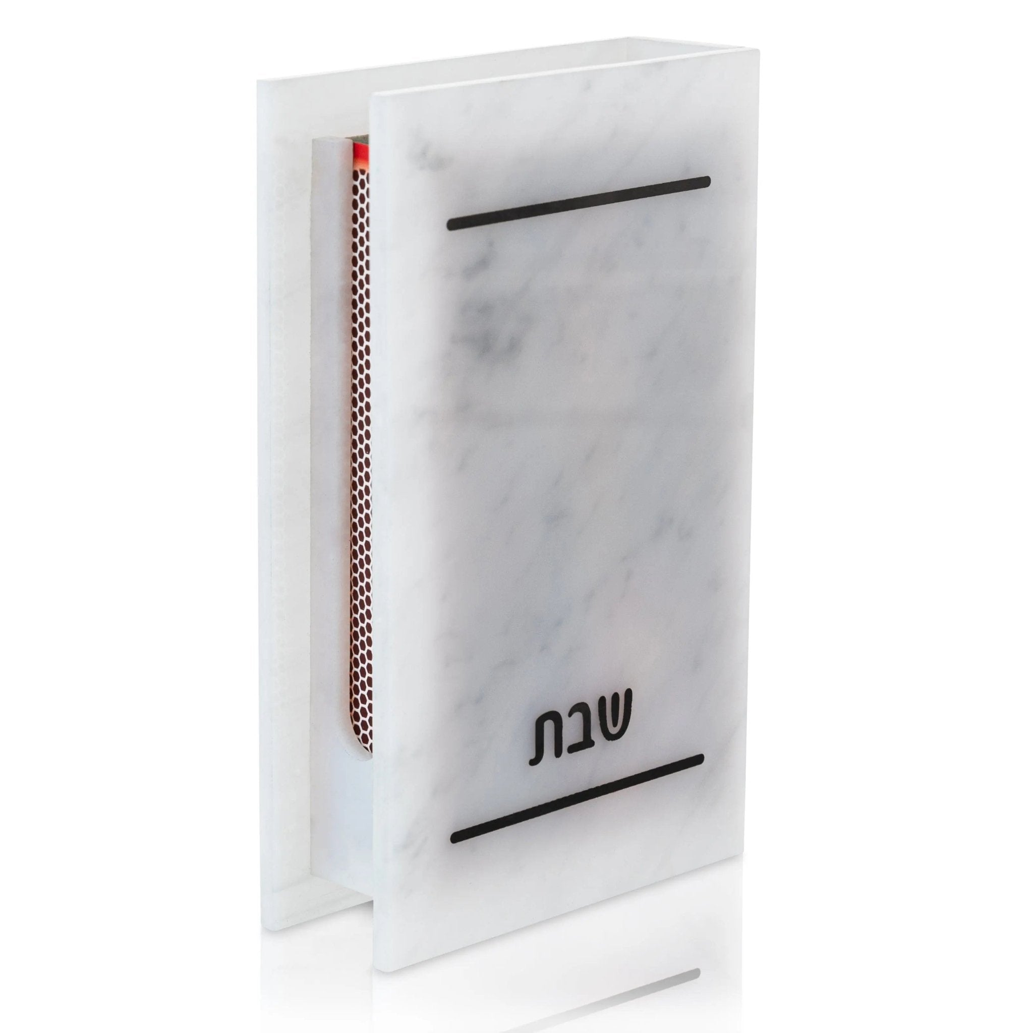 White marble matchbox holder with black accents and gold-trimmed mesh panel, traditional design for Shabbat candle lighting.