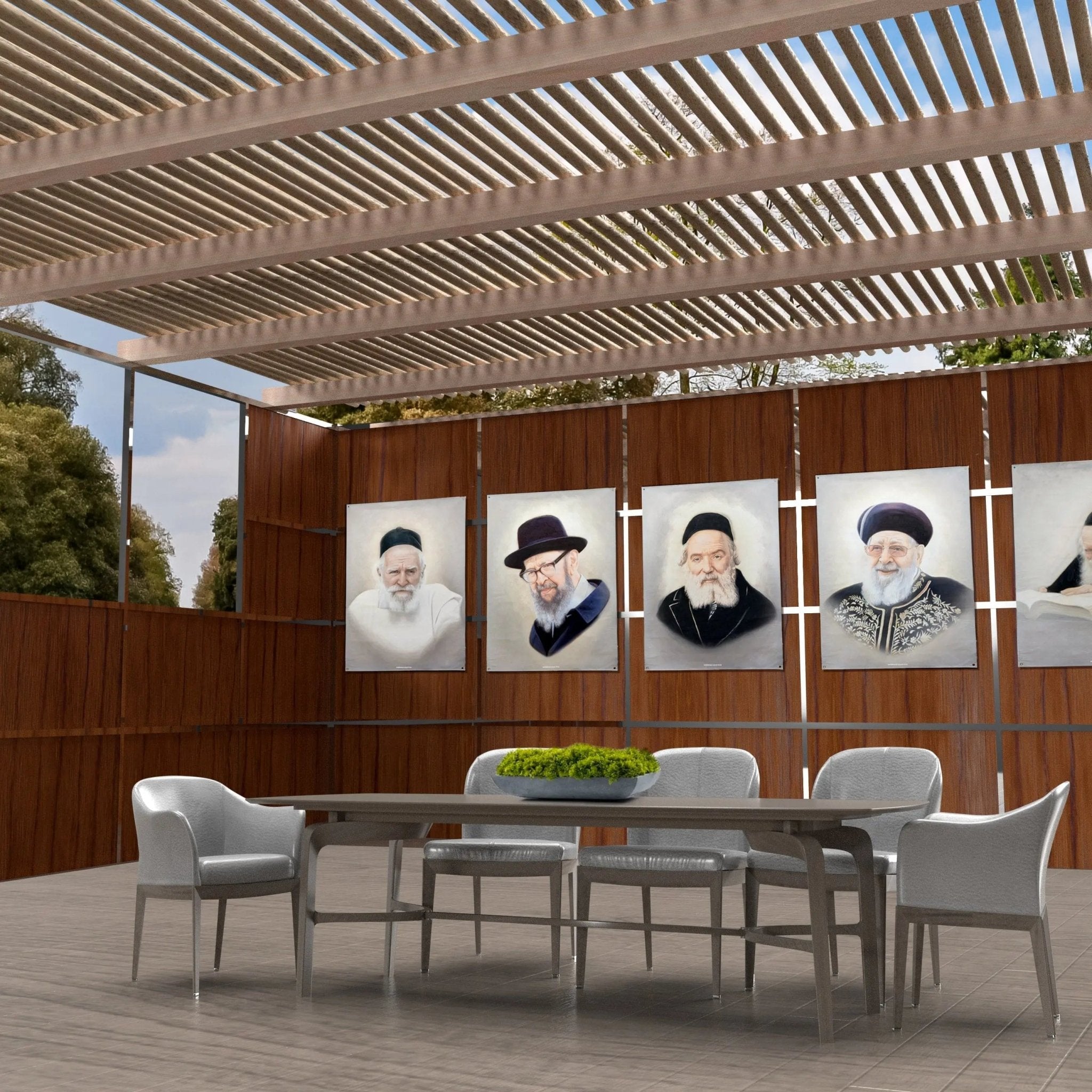 Vinyl Light Gedolim Bundle featuring four portrait prints displayed on wooden wall above dining table in modern outdoor space