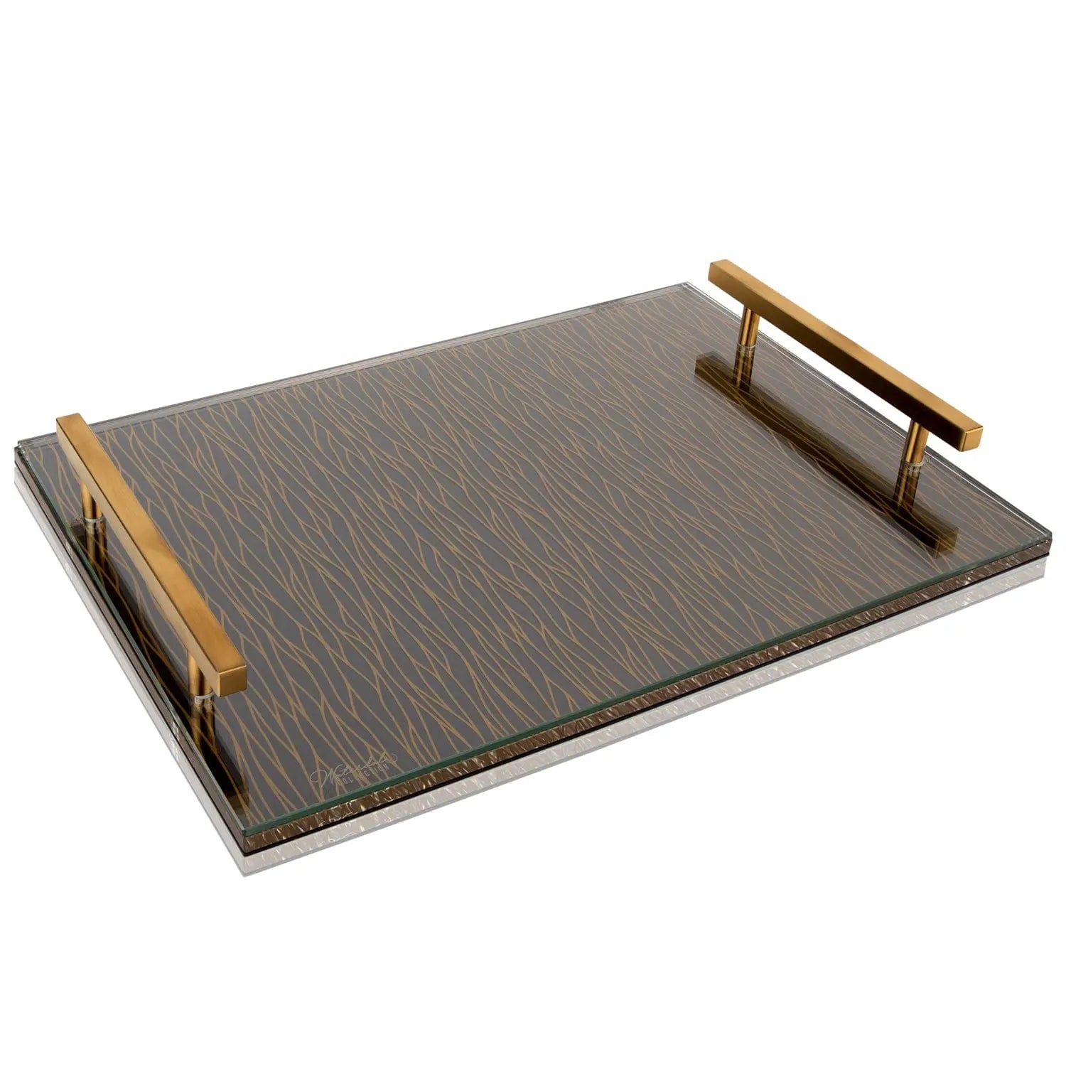 Silver wave challah board with wooden handles on gray textured surface, Shabbat serving tray.
