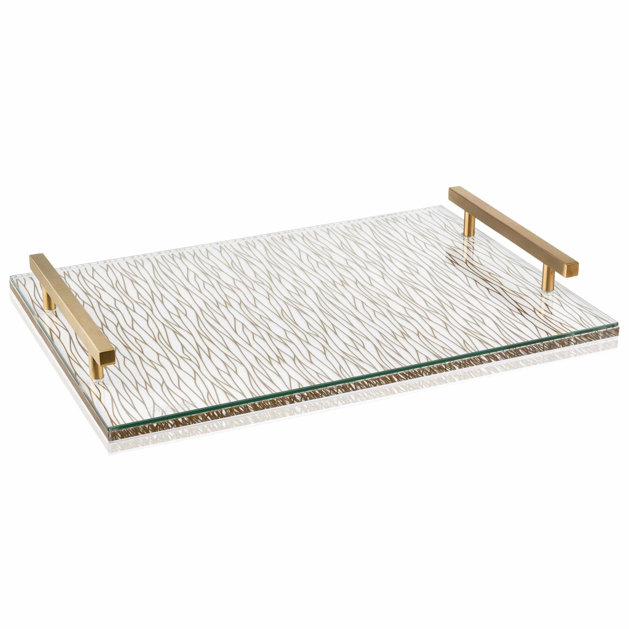 Silver wave challah board with brass handles, featuring a textured white surface and sleek modern design for Shabbat.