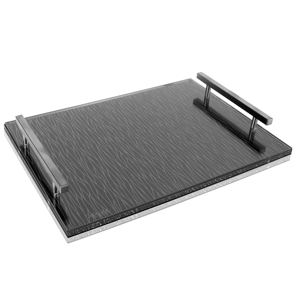 Silver Wave Challah Board with handles by Waterdale Collection, featuring a textured rippled surface and sleek metal design for Shabbat dining.