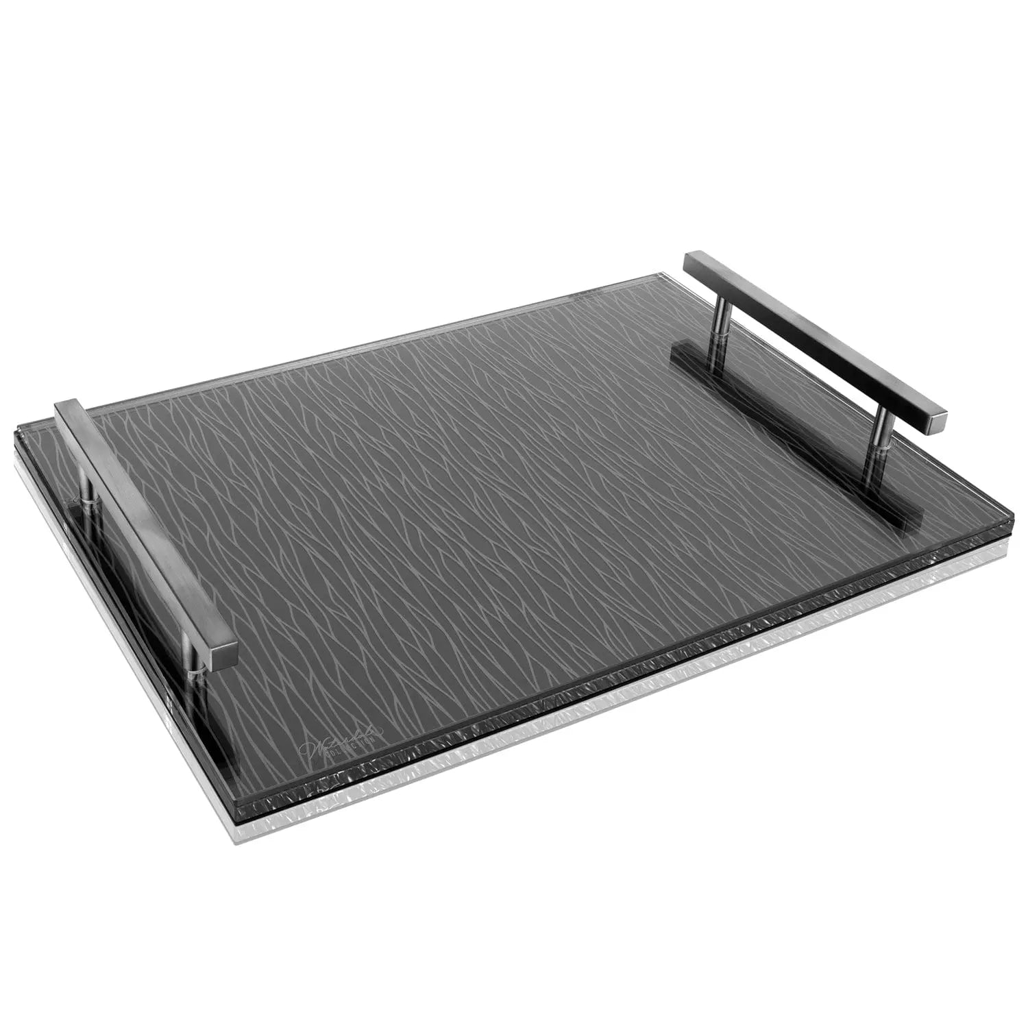 Silver Wave Challah Board with handles by Waterdale Collection, featuring a textured rippled surface and sleek metal design for Shabbat dining.