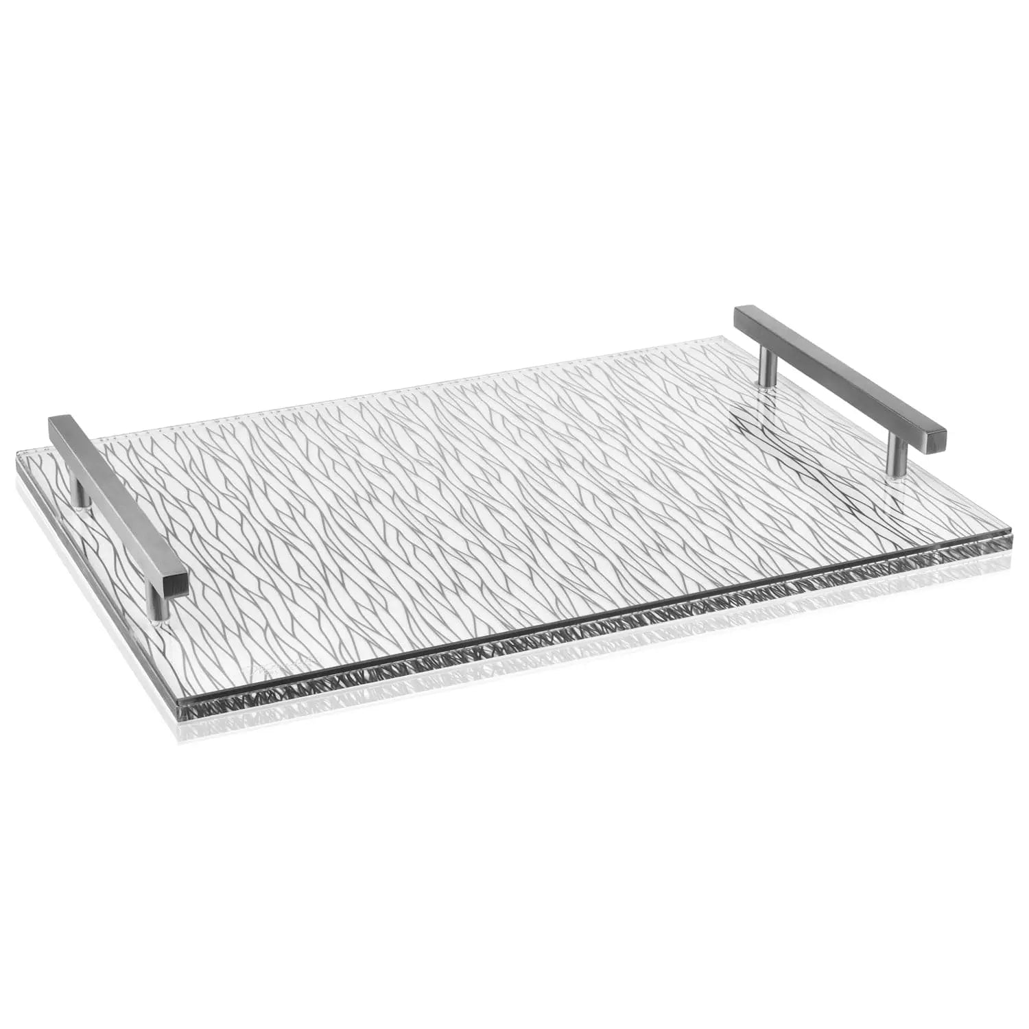 Silver wave-textured challah board with handles, perfect for Shabbat and holiday bread serving.