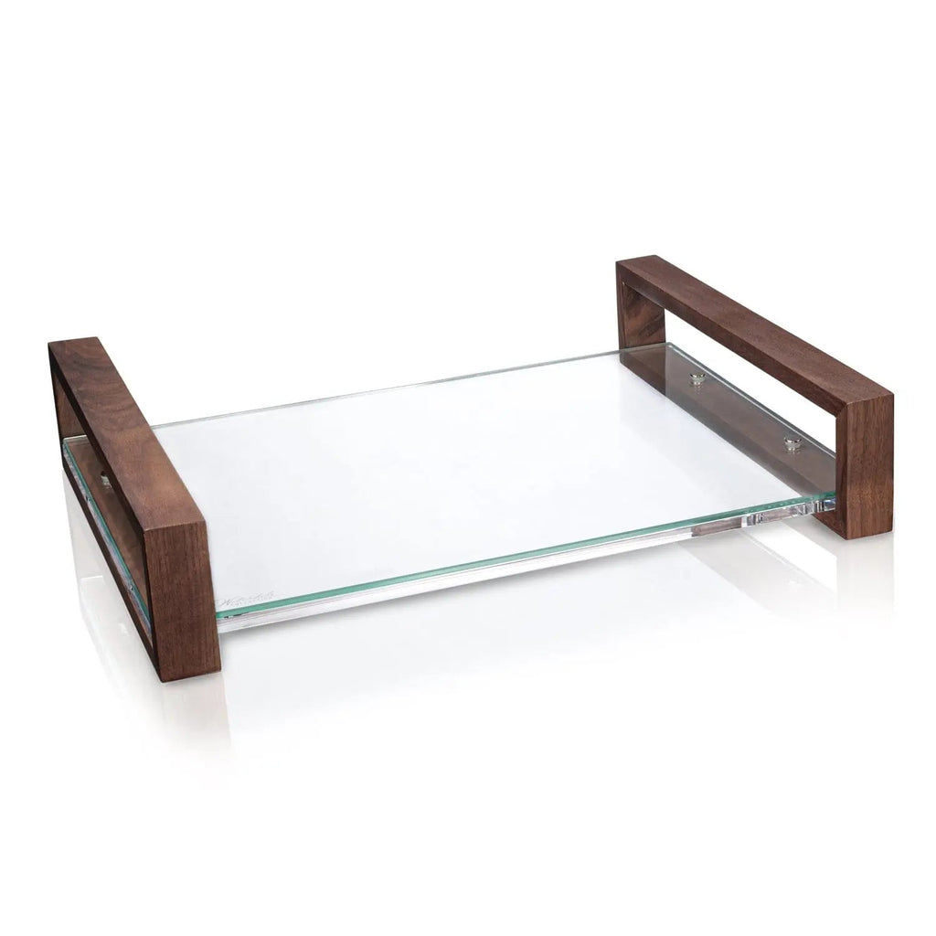 Wood Challah Board with glass serving tray and dark walnut handles, modern Shabbat serveware by Waterdale Collection.