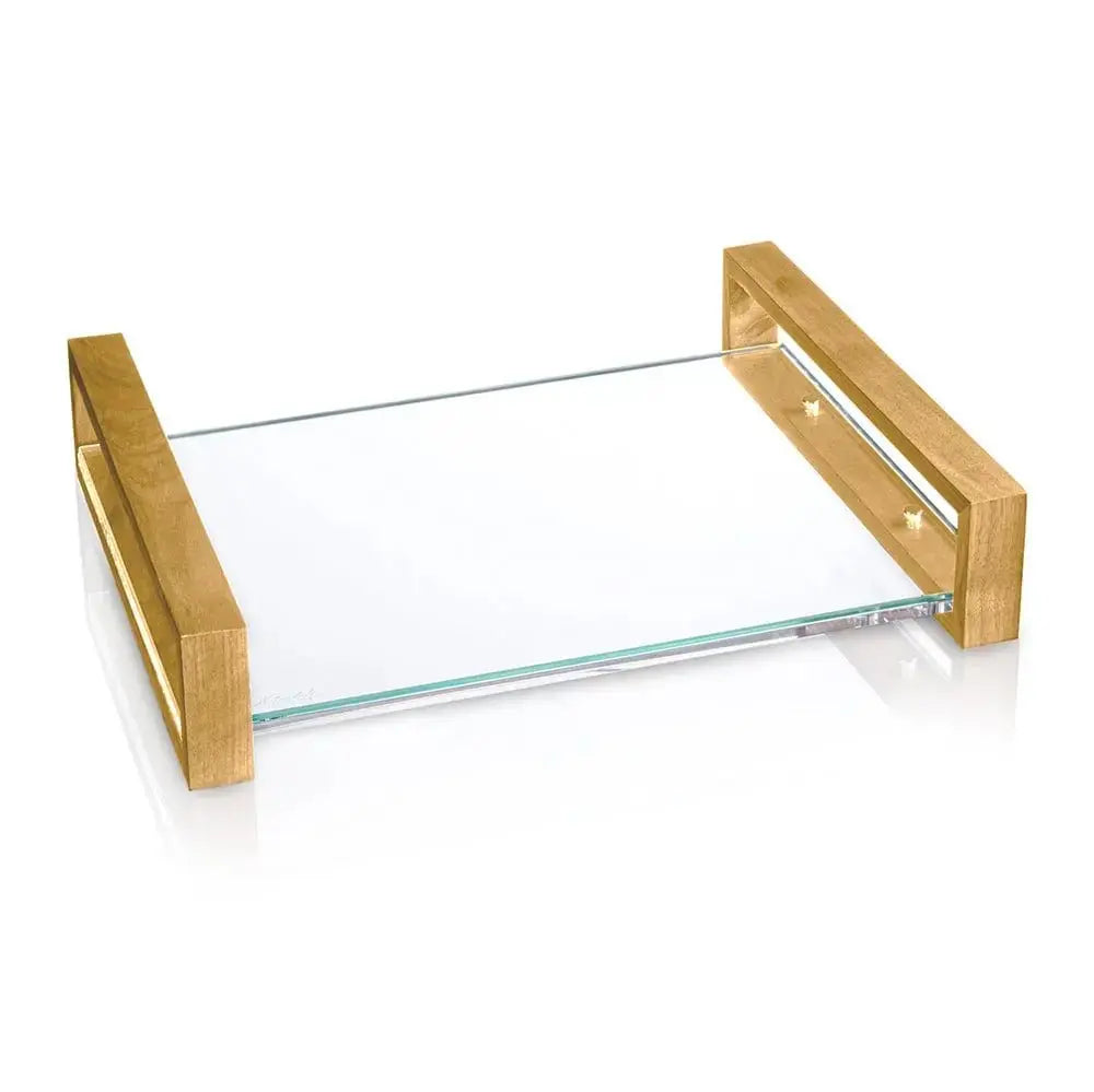 Wooden challah board with glass serving tray and natural wood handles, ideal for Shabbat table settings.