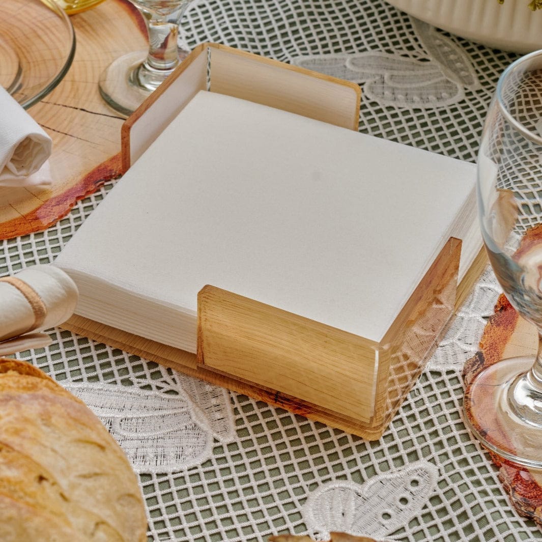 Wood Napkin Holder on a table.