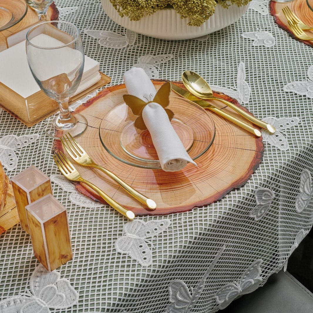 Wood Chargers on an elegant Shabbat table setting.