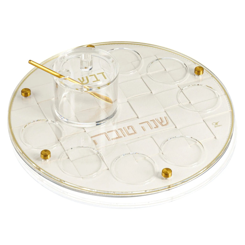 Woven Simanim Tray in cream with leather accents and gold hardware, displayed flat showing compartments for Passover seder plate.